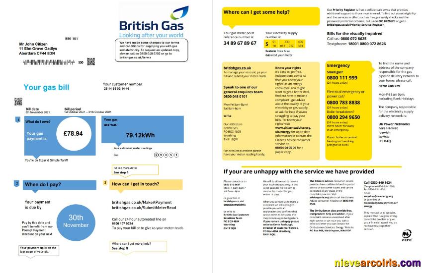 United Kingdom British Gas utility bill 2 pages version 1